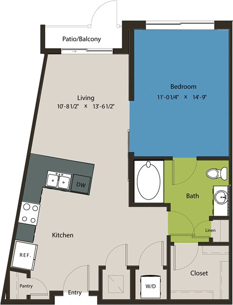 Floor plan for 1 bed, 1 bath, 742 sqft